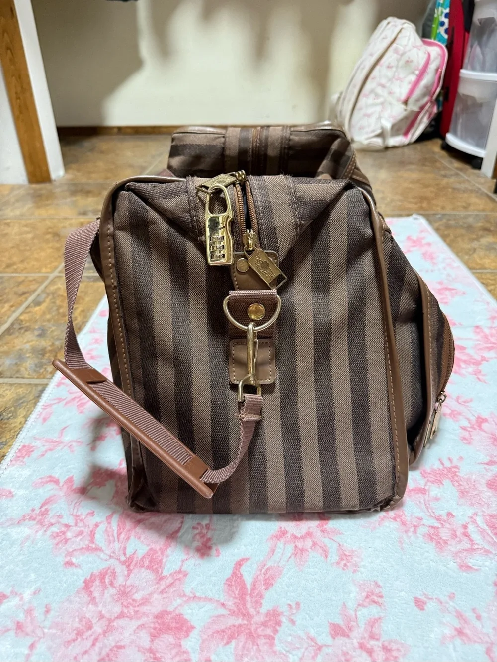Vintage Destination Brown Striped Weekender Duffel Travel Bag w/ Shoulder Strap